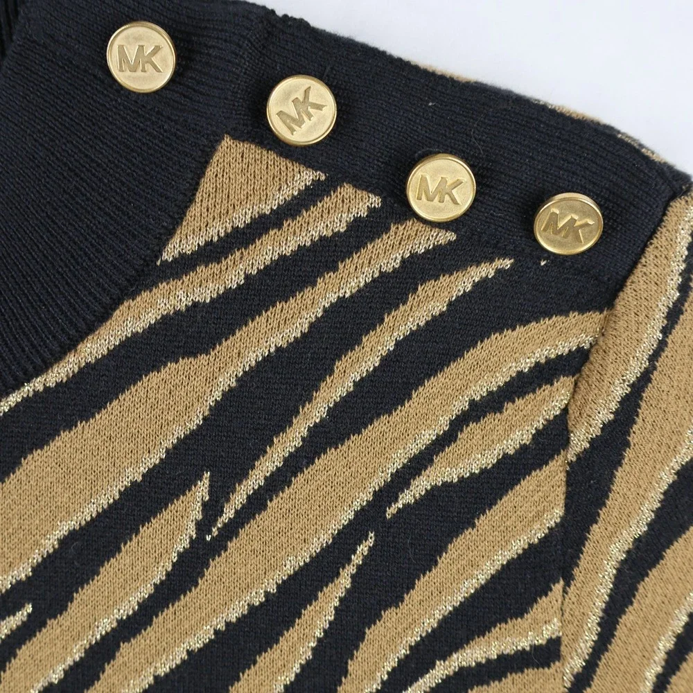 Michael Kors Sweater Womens Large Black‎ Gold Animal Print Short Sleeve Knit Top